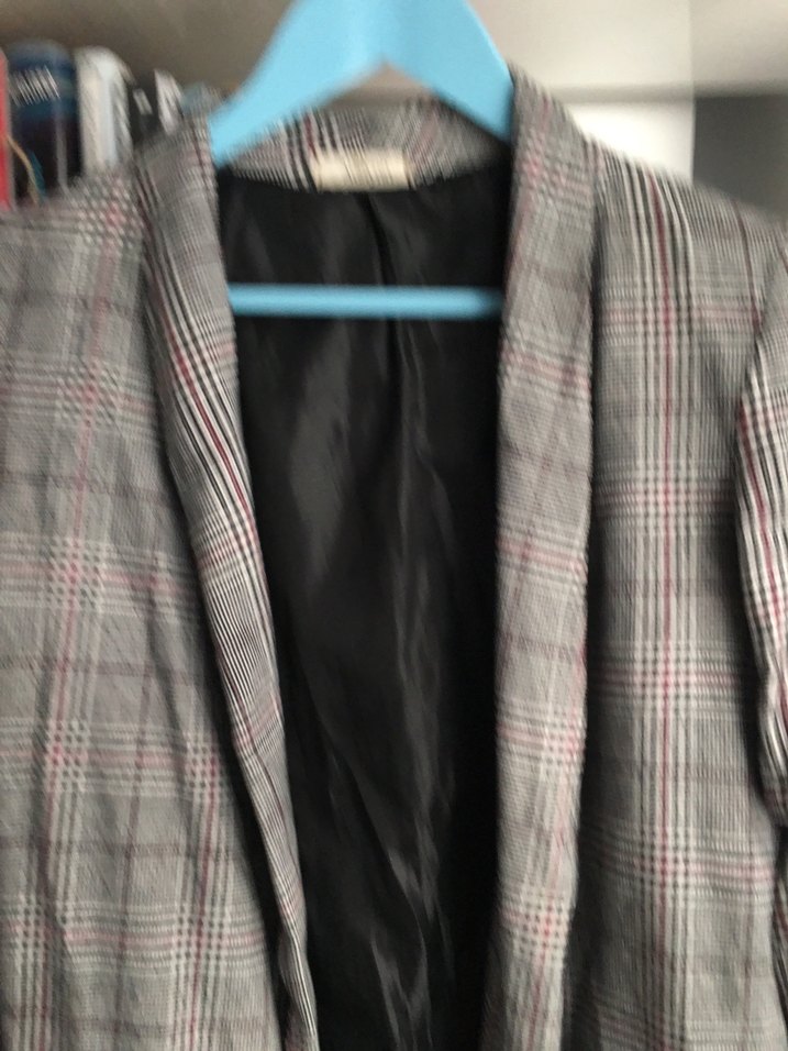 Gri Ekose Desenli Düğmeli Kadın Blazer - Görsel 2