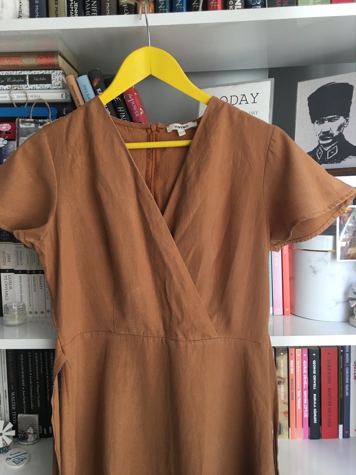 Kahverengi V Yaka Midi Kadın Elbise - Görsel 2