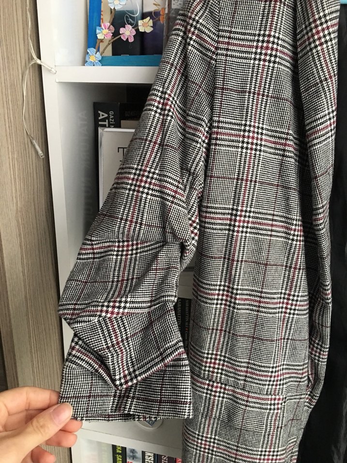 Gri Ekose Düğmeli Kadın Blazer - Görsel 3