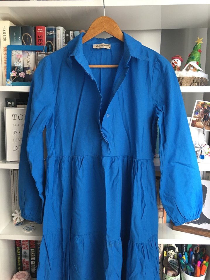 Uzun Kollu, Yakalı, Mavi Elbise - Görsel 3