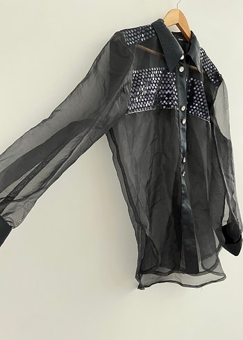 Vintage Payetli Tül Gömlek - Görsel 4