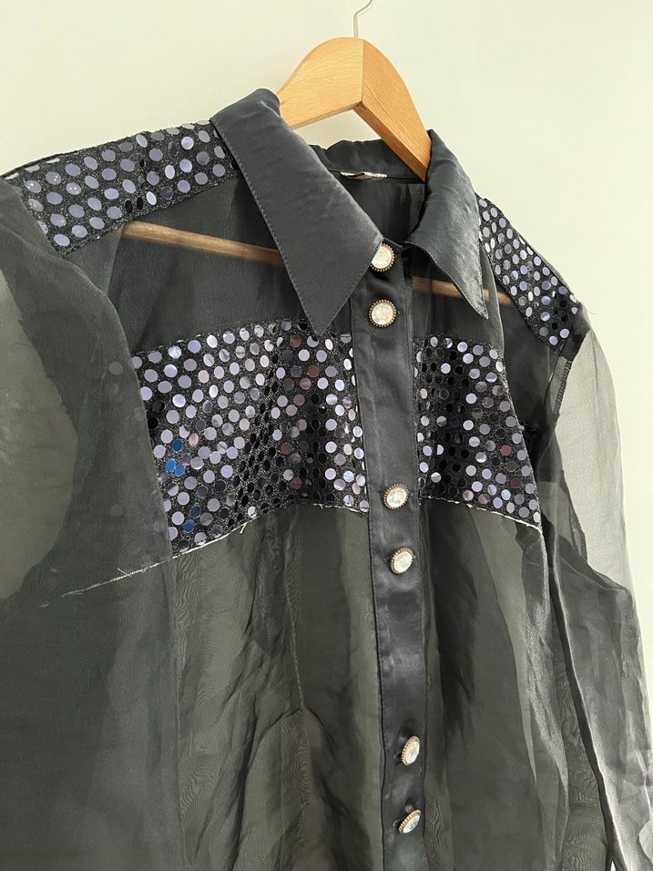 Vintage Payetli Tül Gömlek - Görsel 2