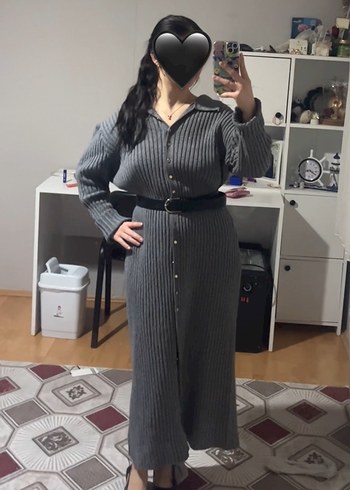 Düğmeli Gri Uzun Triko Elbise - Görsel 2