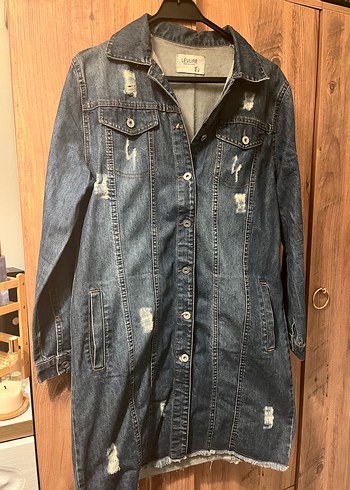 l Beden Düğmeli Gri Kadın Denim Ceket