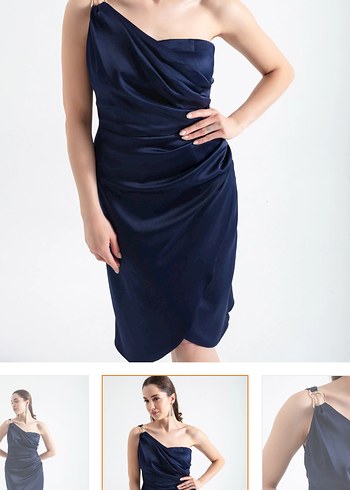 Tek omuz Drapeli Lacivert Midi Elbise - Görsel 2