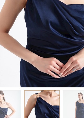 Tek omuz Drapeli Lacivert Midi Elbise - Görsel 3