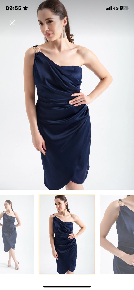 Tek omuz Drapeli Lacivert Midi Elbise - Görsel 2