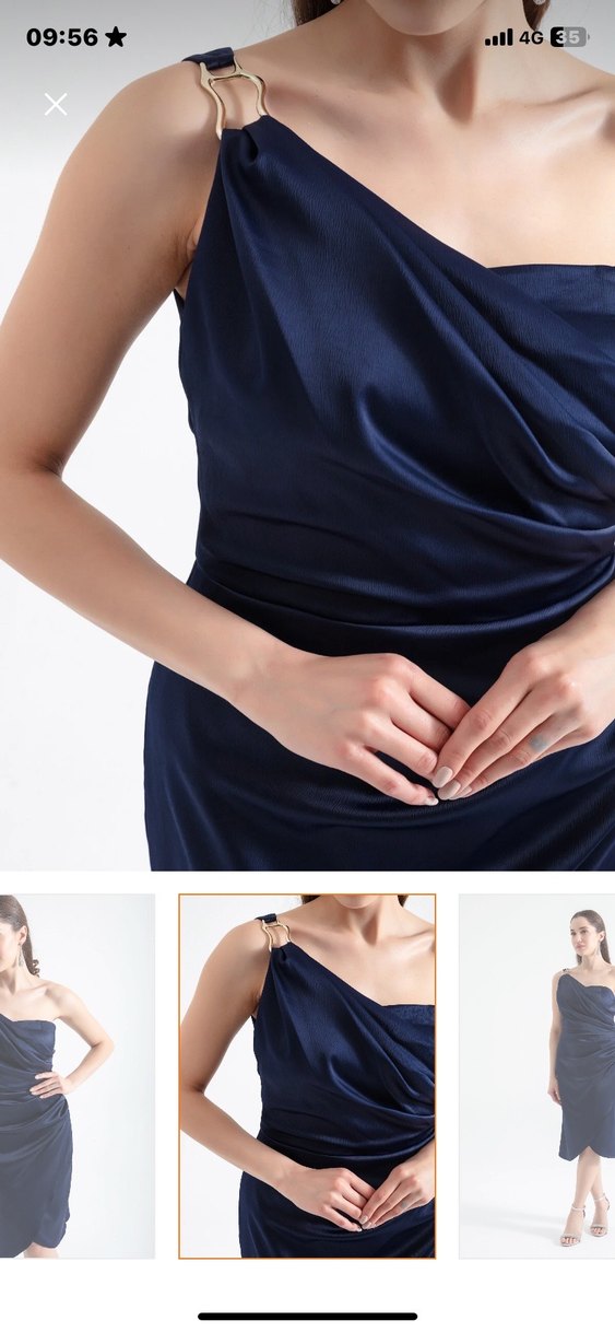 Tek omuz Drapeli Lacivert Midi Elbise - Görsel 3