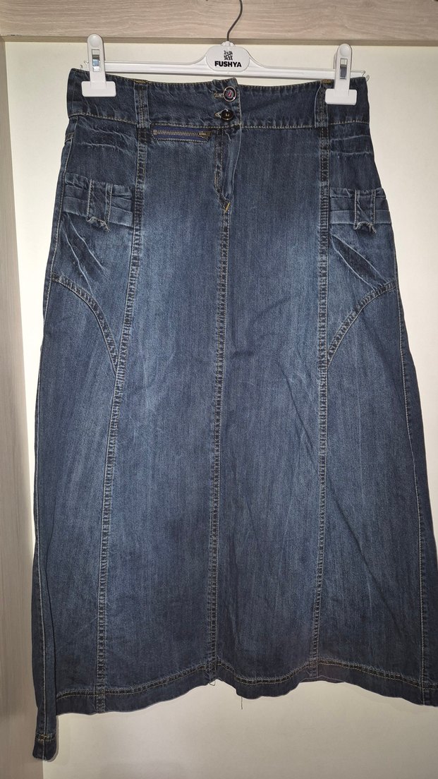 Setrems Düğmeli Mavi Kadın Midi Kot Etek - Görsel 3