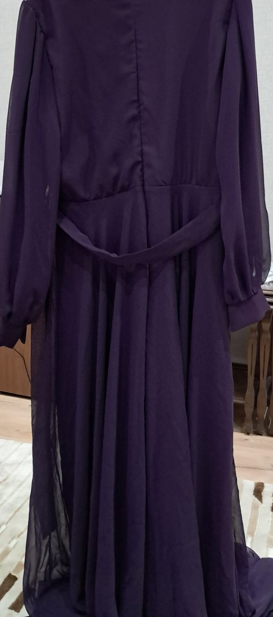 Mor Uzun Kollu V Yakalı Kadın Biye Elbise - Görsel 4