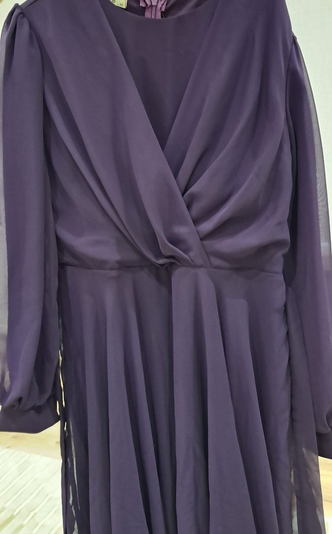 Mor Uzun Kollu V Yakalı Kadın Biye Elbise - Görsel 2