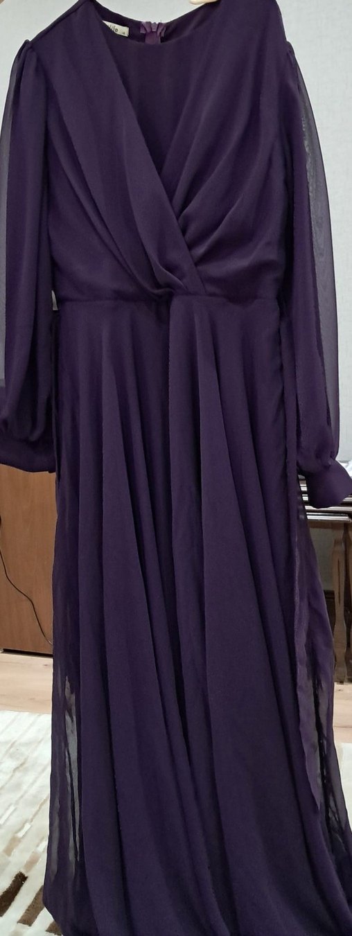 Mor Uzun Kollu V Yakalı Kadın Biye Elbise - Görsel 3