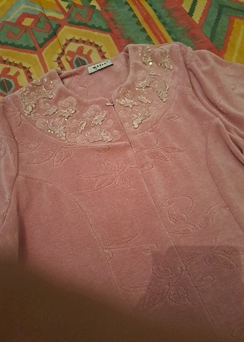 Nakışlı Pembe Kadın Uzun Kollu kadife elbise - Görsel 10