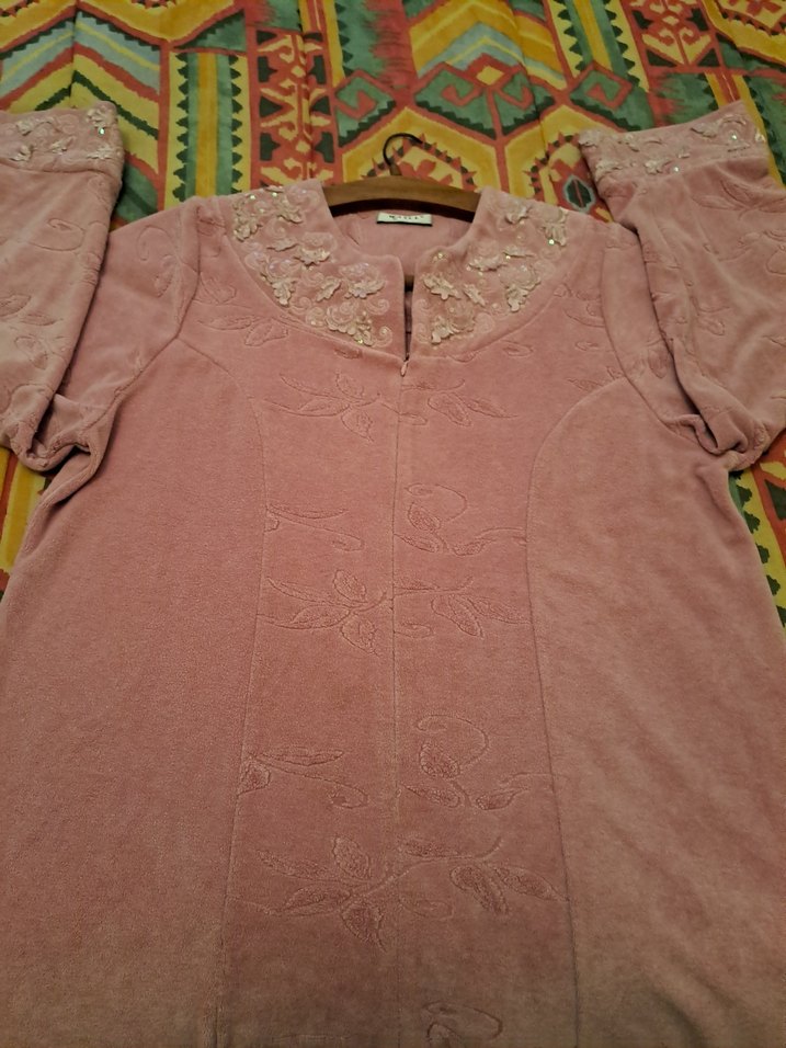 Nakışlı Pembe Kadın Uzun Kollu kadife elbise - Görsel 3