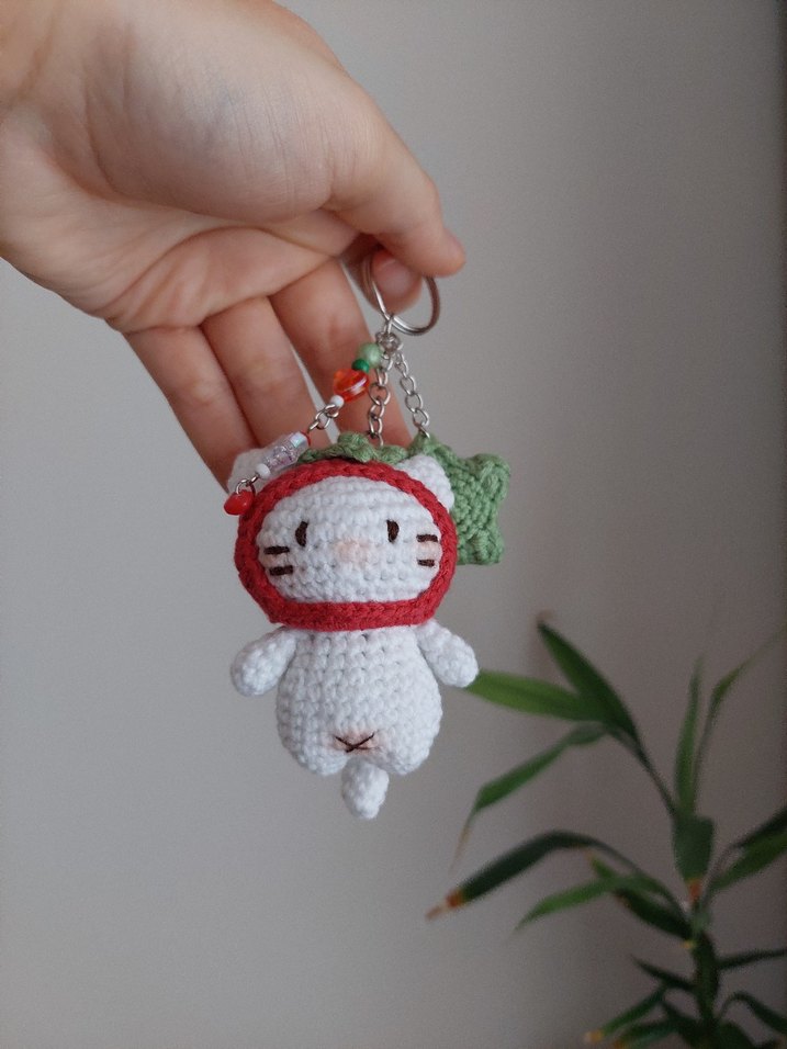 Domates Şapkalı Kedi Örgü Charm Anahtarlık - Görsel 4