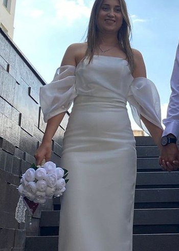 Beyaz Uzun Kayık Yaka Nikah Elbisesi - Görsel 2