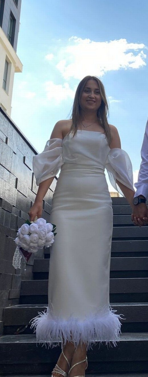 Beyaz Uzun Kayık Yaka Nikah Elbisesi - Görsel 2