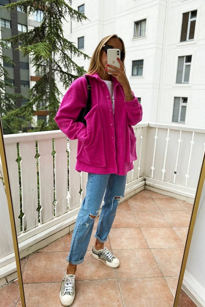 Pembe Düğmeli Mini Kadın kaşe - Görsel 2