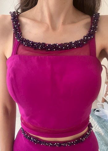 Parlak Mor Drapeli Straplez Kadın Abiye - Görsel 5