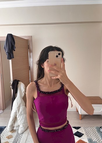 Parlak Mor Drapeli Straplez Kadın Abiye - Görsel 4