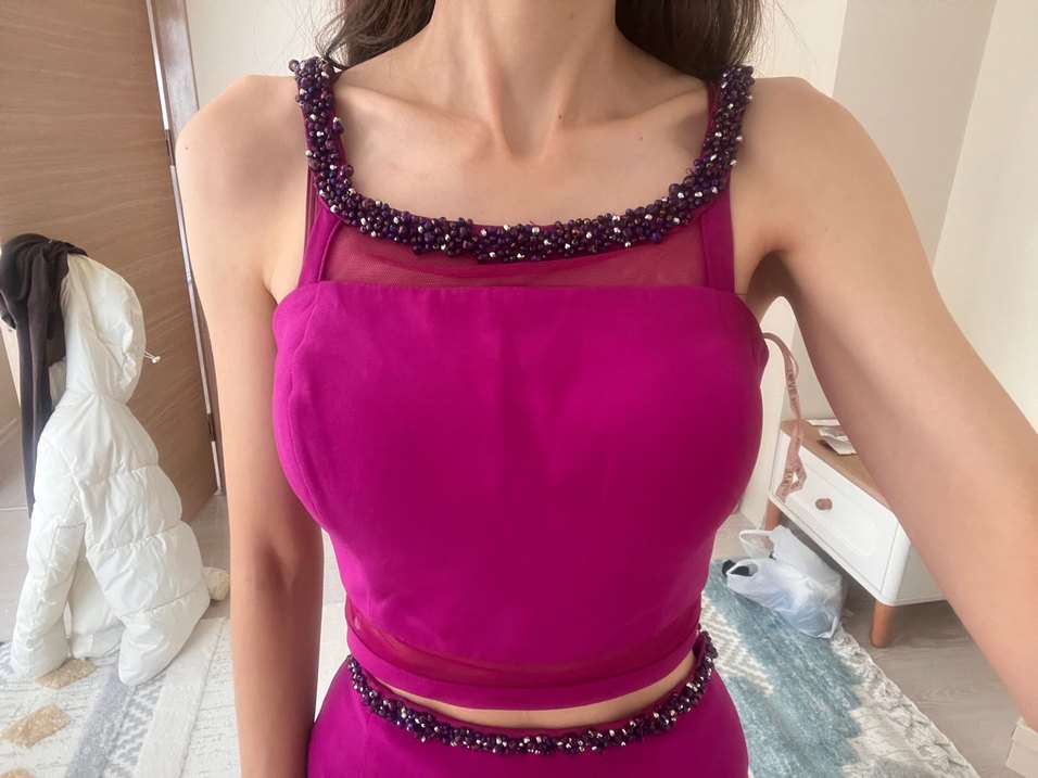 Parlak Mor Drapeli Straplez Kadın Abiye - Görsel 5