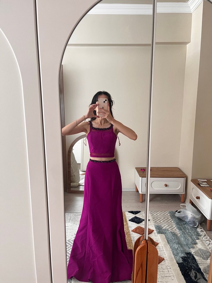 Parlak Mor Drapeli Straplez Kadın Abiye - Görsel 2