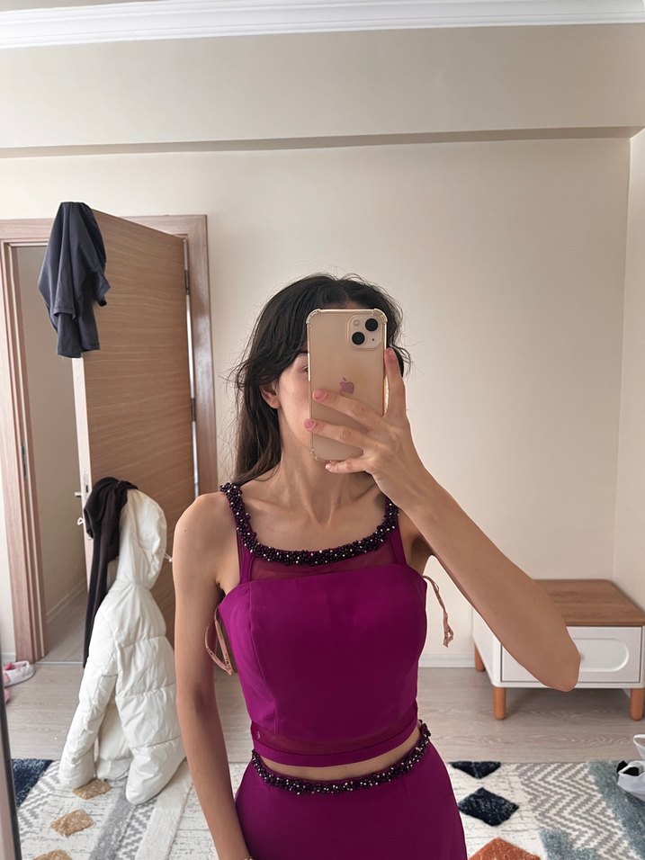 Parlak Mor Drapeli Straplez Kadın Abiye - Görsel 4