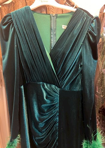 Kadife Yeşil Drapelli Abiye Elbise - Görsel 3