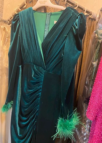 Kadife Yeşil Drapelli Abiye Elbise - Görsel 2