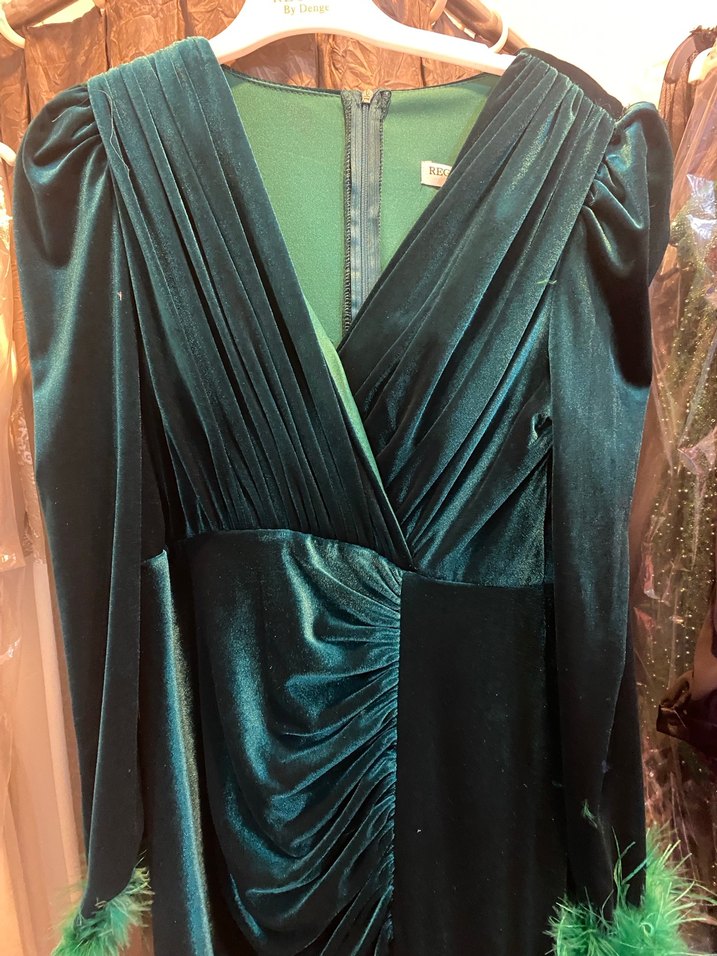 Kadife Yeşil Drapelli Abiye Elbise - Görsel 3