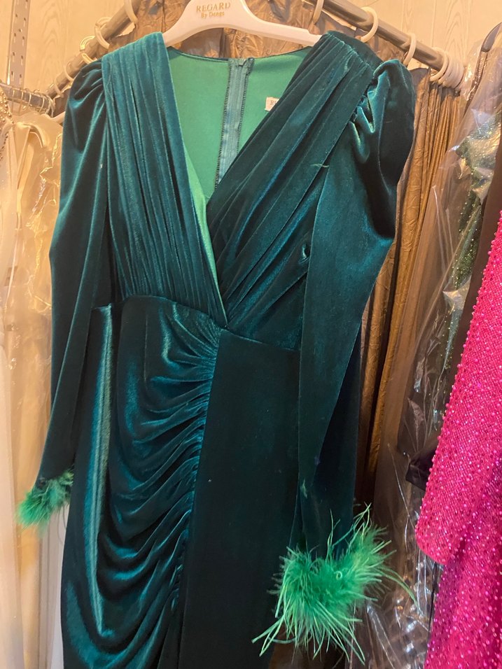 Kadife Yeşil Drapelli Abiye Elbise - Görsel 2