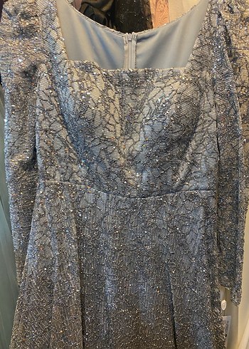 Gri Uzun Kollu Drapeli Kadın Abiye Elbise - Görsel 3