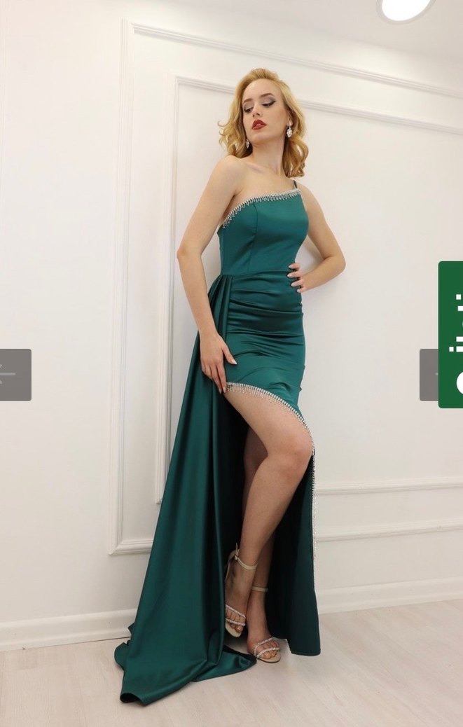 Yeşil Tek Omuz Taş Detay Abiye - Görsel 3