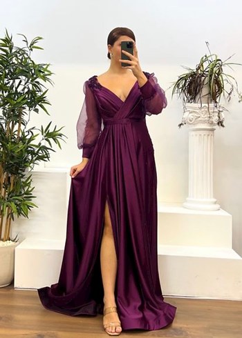 Mor V Yaka Uzun Kollu İşlemeli Abiye Elbise - Görsel 2