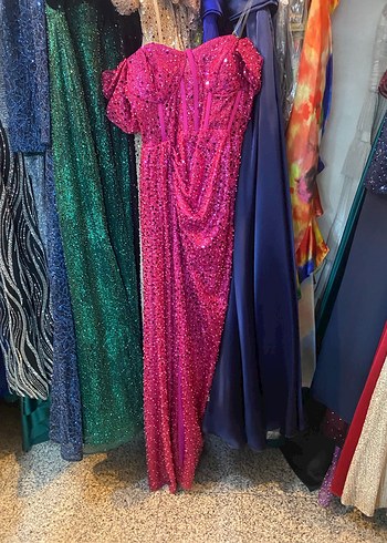 Payetli Straplez Uzun Pembe Abiye Elbise - Görsel 2