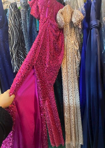 Payetli Straplez Uzun Pembe Abiye Elbise - Görsel 3