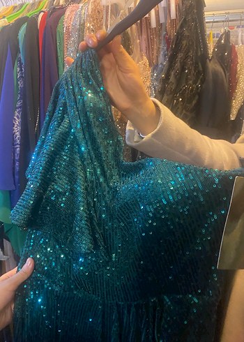 Turkuaz Parlak Drapeli Uzun Abiye Elbise - Görsel 2