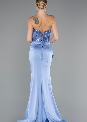 Mavi İşlemeli Straplez Uzun Abiye Elbise - Görsel 2