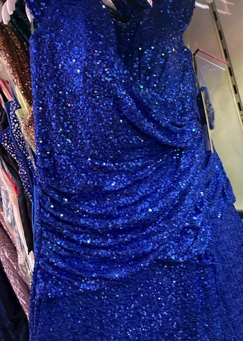 Drapeli Parlak Mavi Uzun Abiye Elbise - Görsel 2