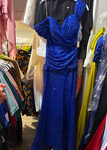 Drapeli Parlak Mavi Uzun Abiye Elbise - Görsel 4