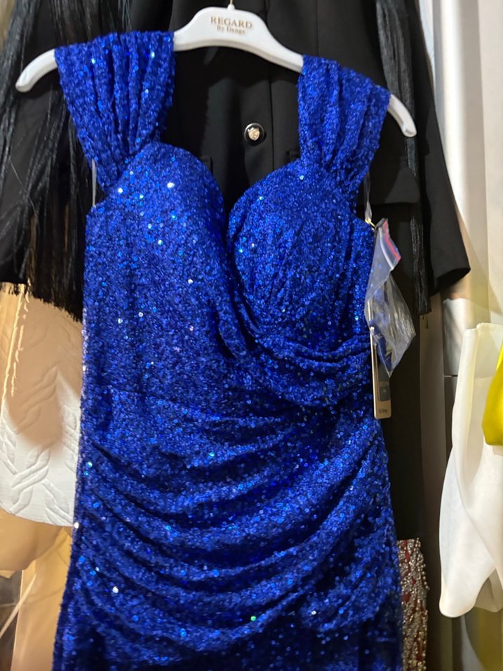 Drapeli Parlak Mavi Uzun Abiye Elbise - Görsel 3