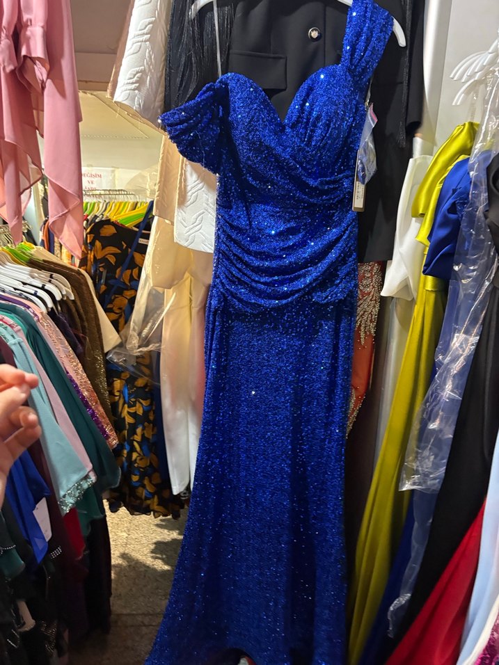 Drapeli Parlak Mavi Uzun Abiye Elbise - Görsel 4