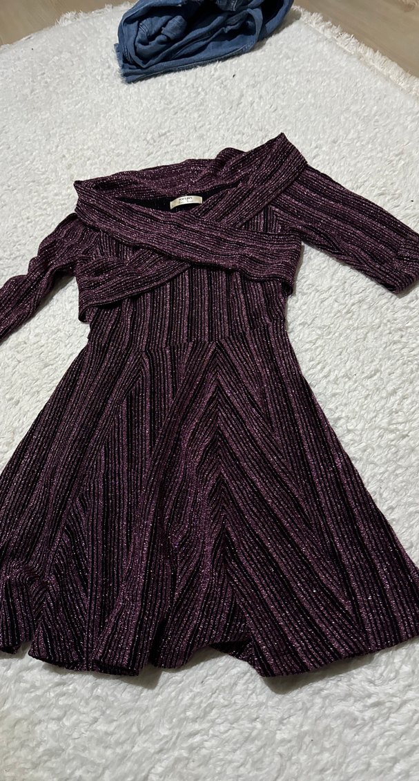 Mor Uzun Kollu Triko Elbise - Görsel 3