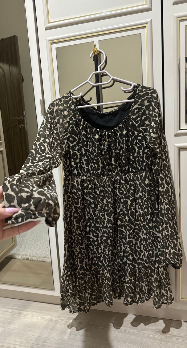 Kahverengi Yılan Desenli Uzun Kollu Midi Elbise - Görsel 2