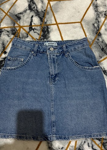 m Beden Mavi Bağlama Desenli Mini Kot Etek