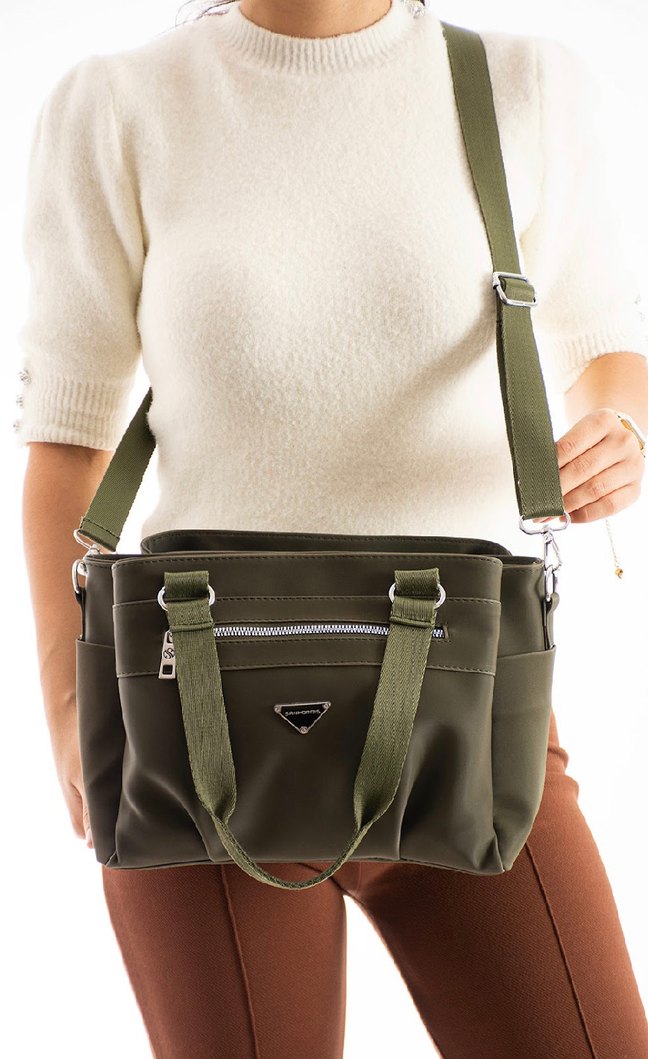 Haki Deri Fermuarlı Kadın Çanta - Görsel 4