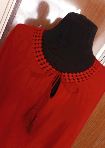 Püsküllü Kırmızı Bohem Kadın Bluz - Görsel 3