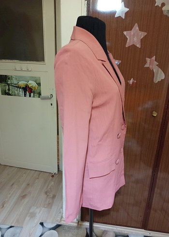 Pembe Düğmeli Kadın Midi Blazer Ceket - Görsel 3