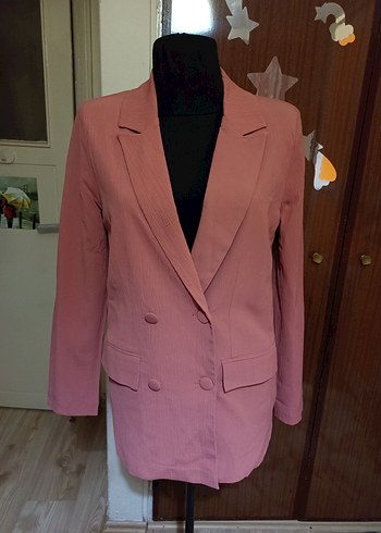 Pembe Düğmeli Kadın Midi Blazer Ceket - Görsel 5
