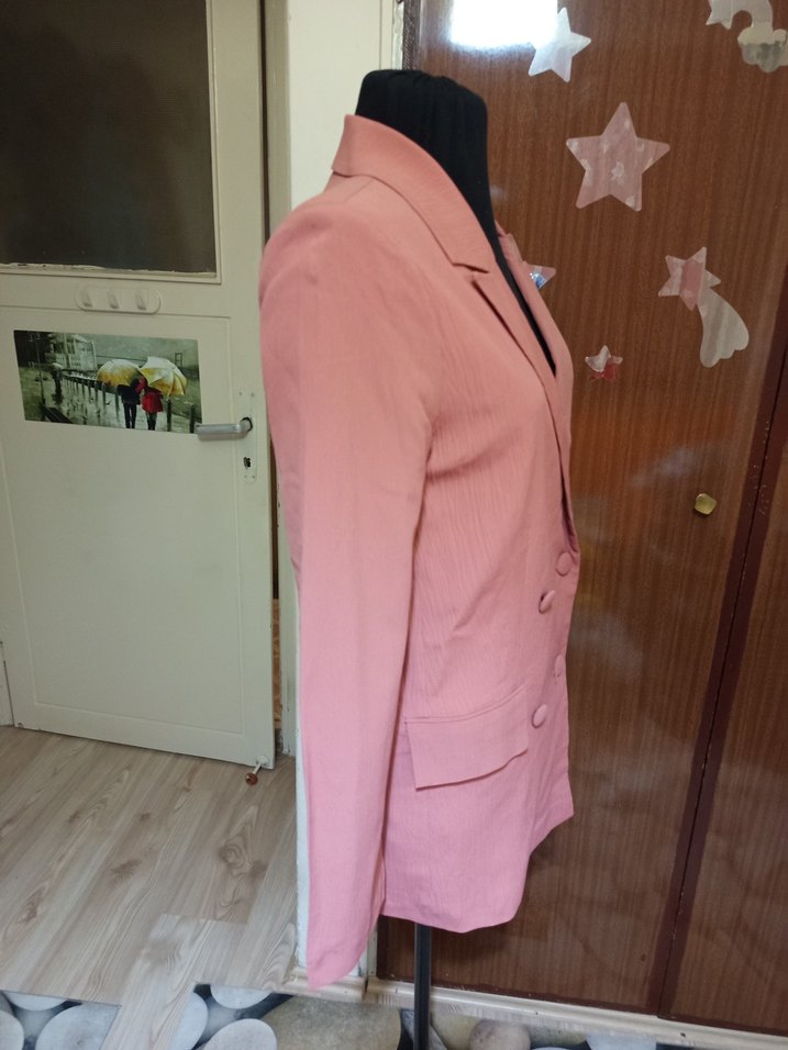 Pembe Düğmeli Kadın Midi Blazer Ceket - Görsel 3